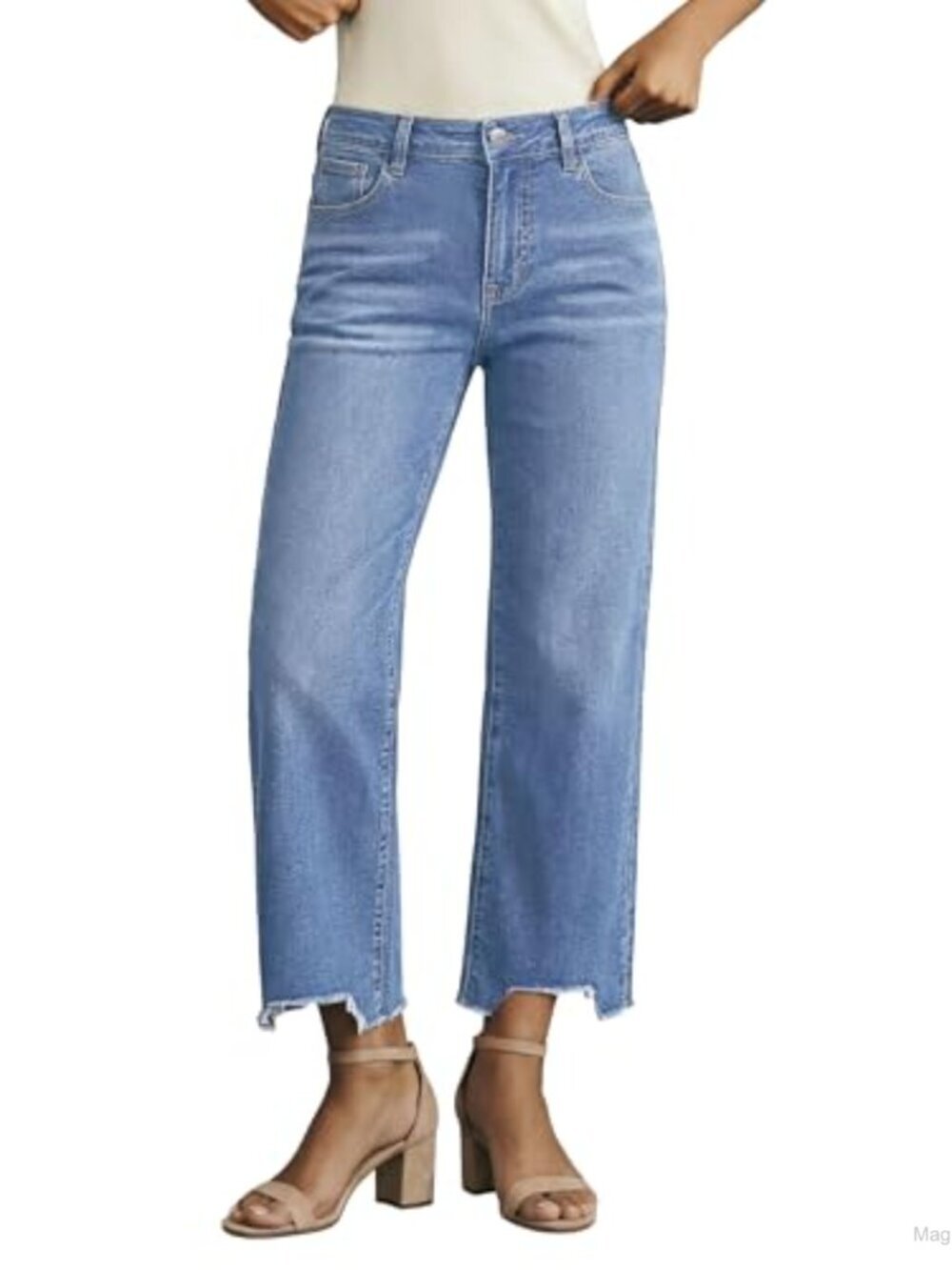 Cropped Straight Leg Distressed Jeans Mid Rise Raw Hem Stretchy